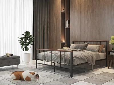Modern Bedroom Interior Design With Metal Bed Frame Gray Bedding Wooden Wall And Green Plant 3d model