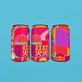 Three Vibrant Colorful Drink Cans With Pink Purple Orange Geometric Patterns On Blue Background
