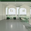 Green Themed Milk Tea Shop Interior With Arch Windows Pendant Lights And Dining Tables
