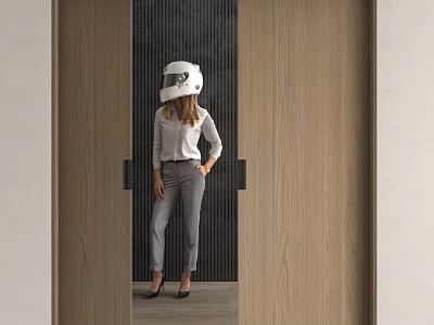 Modern Wooden Sliding Door Design In Interior Space With Woman Standing 3d model