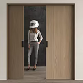 Modern Wooden Sliding Door Design In Interior Space With Woman Standing