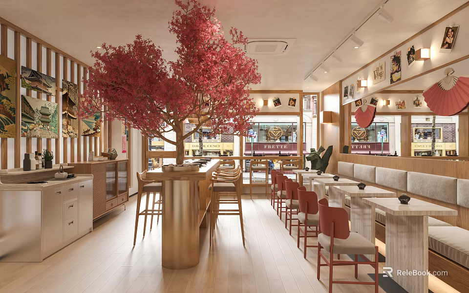 Cozy Japanese Style Restaurant Interior With Red Cherry Blossom Tree And Wooden Decor 3d model 
