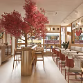 Cozy Japanese Style Restaurant Interior With Red Cherry Blossom Tree And Wooden Decor