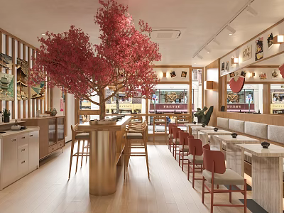 Cozy Japanese Style Restaurant Interior With Red Cherry Blossom Tree And Wooden Decor 3d model