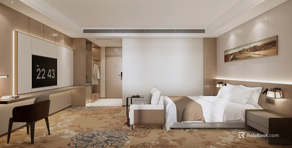 Modern Hotel Guest Room Interior With Comfortable Bed Armchair TV And Floral Carpet 3d model 