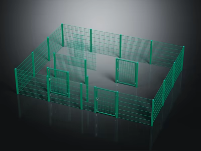 Green Metal Fence Structure As Scene Component With Grid Design And Multiple Gates 3d model