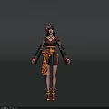 Game Movie Character In Traditional Black Red Outfit With Golden Patterns And Fox Ear Headpiece