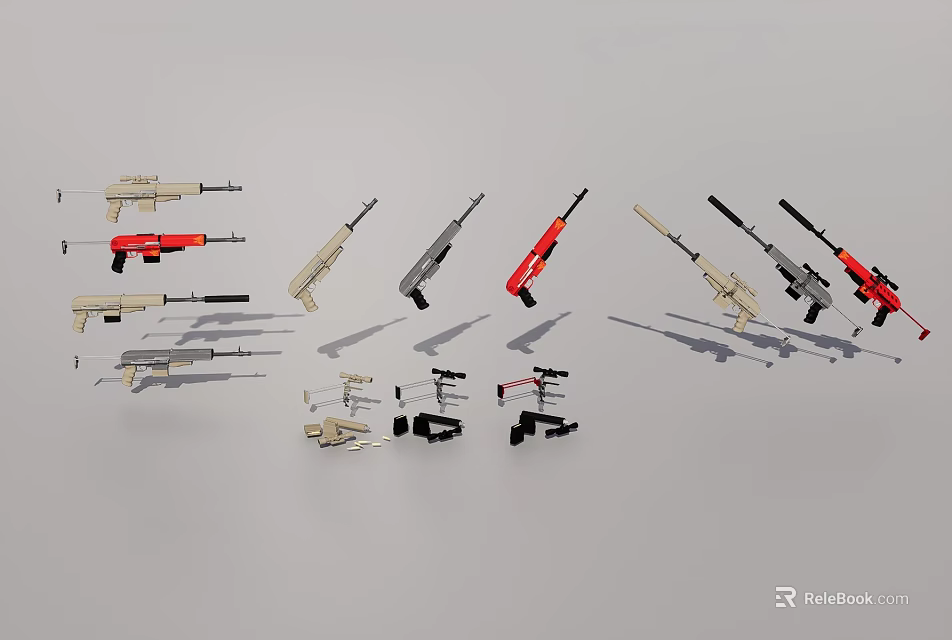 Assorted Weapons Collection Showcasing Different Types And Colored Firearms With Parts 3d model 