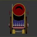 Decorative Vintage Cannon With Red Barrel Blue Body Yellow Accents And Spoked Wheels