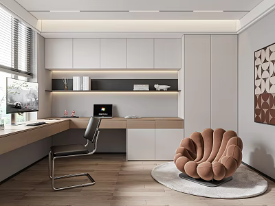 Modern Study Room Design With Desk Chair Cabinets And Accent Chair 3d model