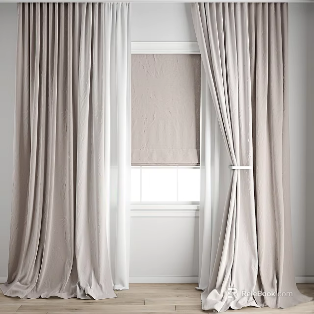 Light Beige Fabric Curtains Draped Over Window With White Frame And Tie Backs 3d model