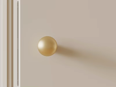 Golden Spherical Door Knob On Beige Door With Vertical Slender Line Decoration 3d model