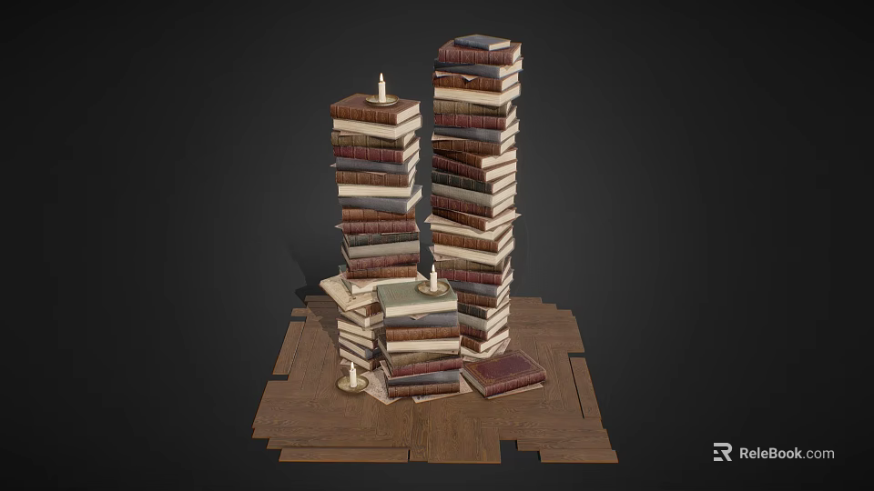 Artistic Stacked Books Display With Wooden Planks And Decorative Candle Accent 3d model 