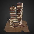 Artistic Stacked Books Display With Wooden Planks And Decorative Candle Accent