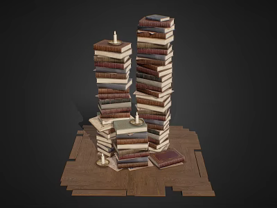 Artistic Stacked Books Display With Wooden Planks And Decorative Candle Accent 3d model