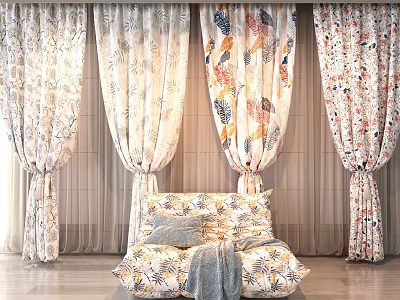 Floral Pattern Curtains In Bedroom With Lightweight Fabric And Decorative Pillows 3d model