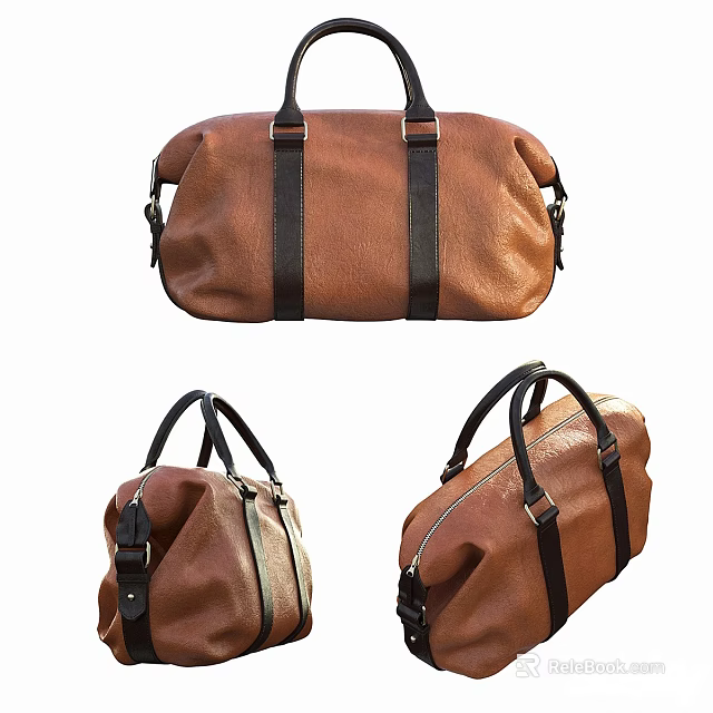Brown Leather Duffle Bag With Black Straps Displayed From Different Angles 3d model 