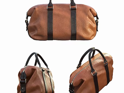 Brown Leather Duffle Bag With Black Straps Displayed From Different Angles 3d model