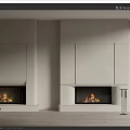 Two Modern White Fireplaces With Flames And Stacked Wood In Minimalist Interior On Wooden Floor