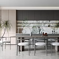 Modern Restaurant Open Kitchen Interior With Island Counter Dining Chairs And Plants