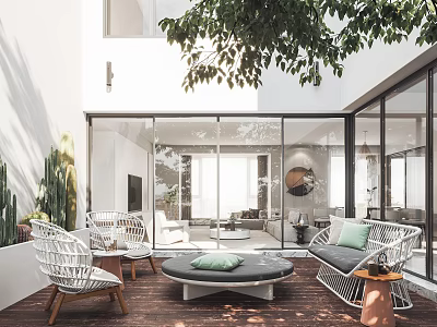Outdoor Lounge Space With Wicker Furniture Green Cushions Wooden Flooring Glass Walls And Potted Cacti 3d model