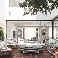Outdoor Lounge Space With Wicker Furniture Green Cushions Wooden Flooring Glass Walls And Potted Cacti