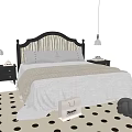 Double Bed with Black Headboard Light Sheets Nightstands Lamp and Polka Dot Rug