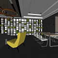Hotel Public Lounge Area With Grey Sofa Yellow Chairs Green Wall And Circular Pendant Lights