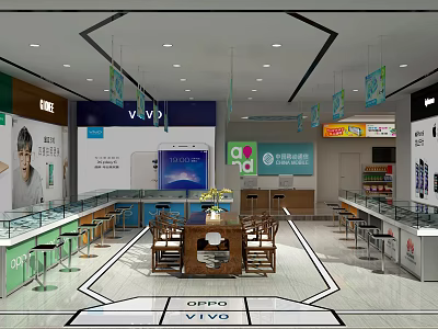 Digital Store Interior With Vivo OPPO Brand Displays Showcase Counters And Customer Seating Area 3d model