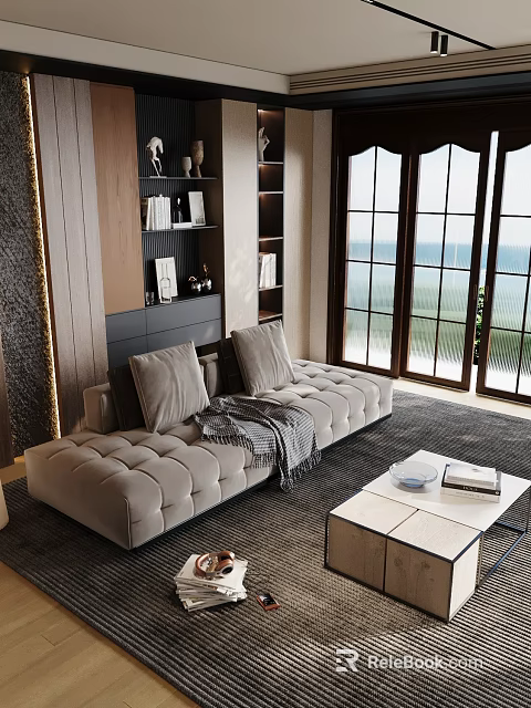 Modern Luxury Living Room Interior With Beige Tufted Sofa Bookshelves Coffee Table And Ocean View 3d model 