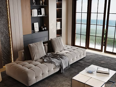 Modern Luxury Living Room Interior With Beige Tufted Sofa Bookshelves Coffee Table And Ocean View 3d model