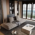 Modern Luxury Living Room Interior With Beige Tufted Sofa Bookshelves Coffee Table And Ocean View
