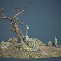 Desolate Hill Scene With Dead Tree Stone Cross And Stone Monuments
