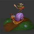 Warrior Character Toy Figure Riding Orange Snail With Purple Shell On Green Grass