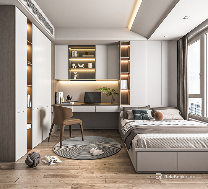 Modern Tatami Bedroom Interior With Built in Cabinets Desk Chair And Natural Light 3d model 
