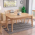 Wooden Dining Table Set with Six Chairs Tableware and Vase on Gray Rug by Window 3d model