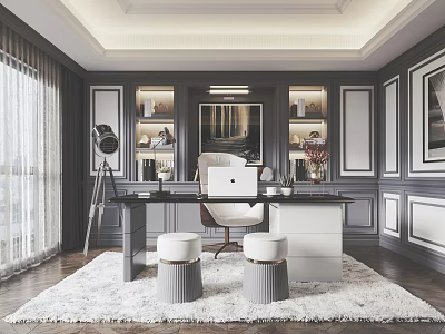 Elegant Study Room Interior With Dark Walls White Trim Bookshelves Laptop And Soft Rug 3d model