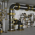 Industrial Metal Pipes System With Black Gold Valves Gauges And Wall Installation