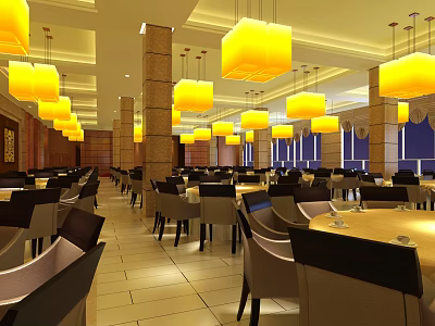 Spacious Banquet Hall Interior With Yellow Pendant Lights Columns Dining Tables And Chairs 3d model