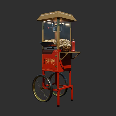 Vintage Red Wheeled Popcorn Machine With Canopy Top And Popcorn Container 3d model