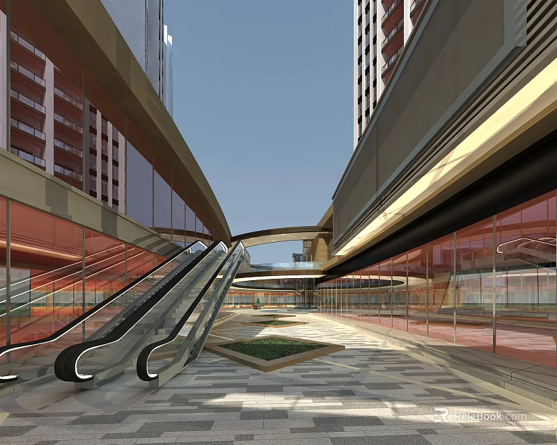 Modern Commercial Street With Escalators Stone Pavement Green Area And Glass Facades 3d model 
