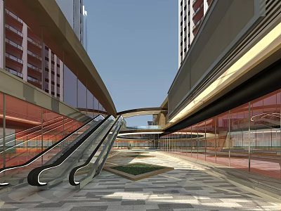 Modern Commercial Street With Escalators Stone Pavement Green Area And Glass Facades 3d model