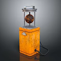Vintage Industrial Equipment With Orange Textured Box Base Circular Metal Top Component And Black Cable