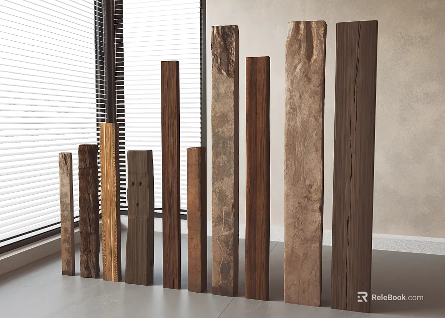 Stone and Wood Columns with Different Heights and Various Textures in Interior 3d model 