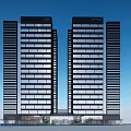 Modern Hotel Building with Twin Tall Glass Curtain Wall Entrance and Green Plants