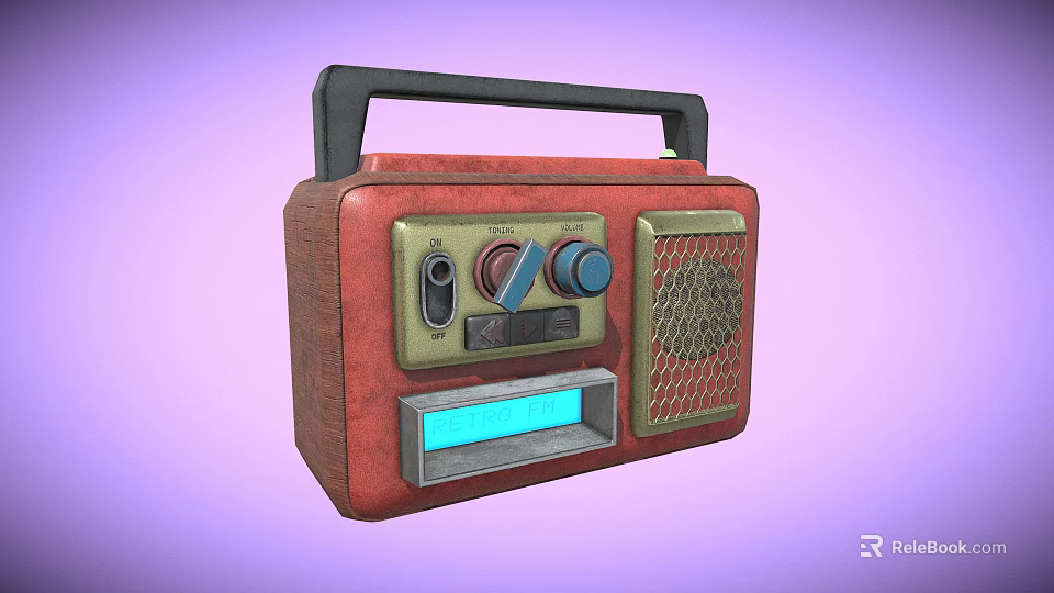 Vintage Portable Radio With Red Brown Casing Black Handle Knobs And Blue 3d model 