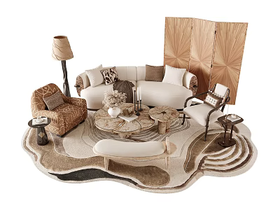 Elegant Neutral Curved Sofa And Coffee Table Combination With Matching Lounge Chairs For Cozy Interiors 3d model