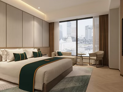 Elegant Modern Hotel Guest Room With King Bed And Panoramic City Landscape Through Large Windows 3d model
