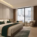 Elegant Modern Hotel Guest Room With King Bed And Panoramic City Landscape Through Large Windows