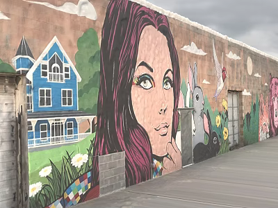 Building Exterior Wall With Colorful Mural Featuring Female Portrait Blue House White Rabbit And Clouds 3d model